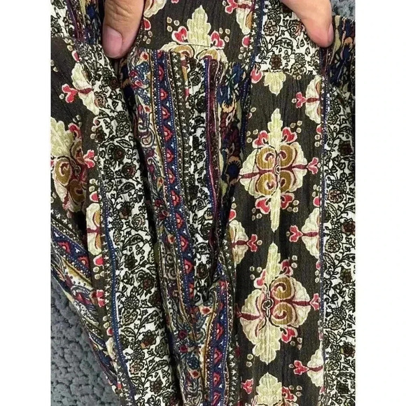 Brown Floral Casual Pants SMALL Pockets Elastic Waist Tribal Print Comfortable - Picture 8 of 8